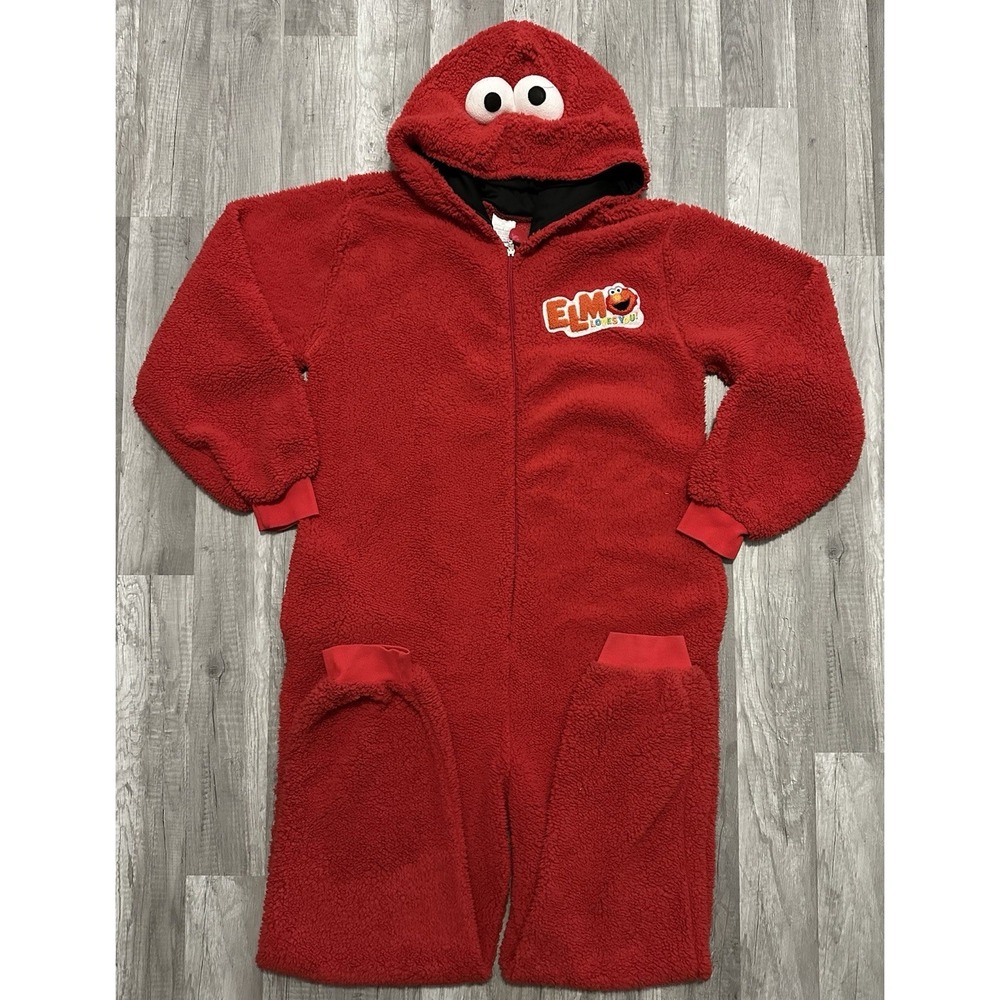 SESAME STREET Elmo Adult S/M Unionsuit Zip-up Pajama Pockets Elmo Loves U FLAW